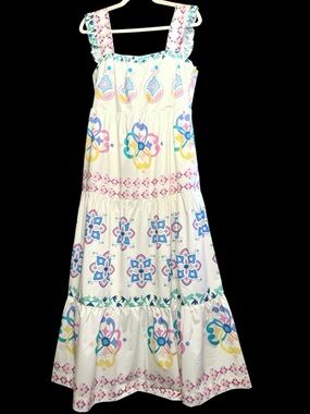 Hermoza Olivia Pastel Floral Maxi Dress Sundress Graceful Garlands Pink Teal NWT